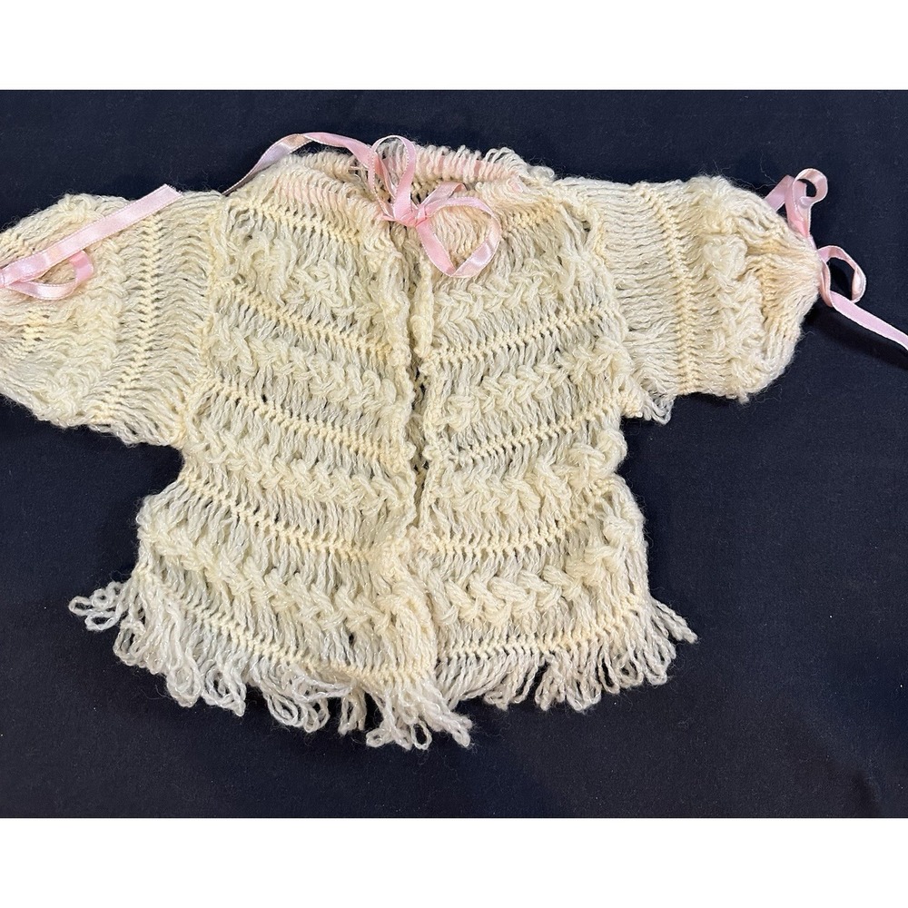 Vintage Handmade Crochet Cardigan 0-3 Months? Ivory‎ Lace & Pink Ribbon